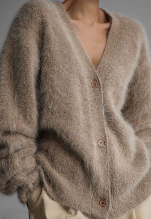 Miss Sparkling Oversized Button Front Fuzzy Cardigan in Beige