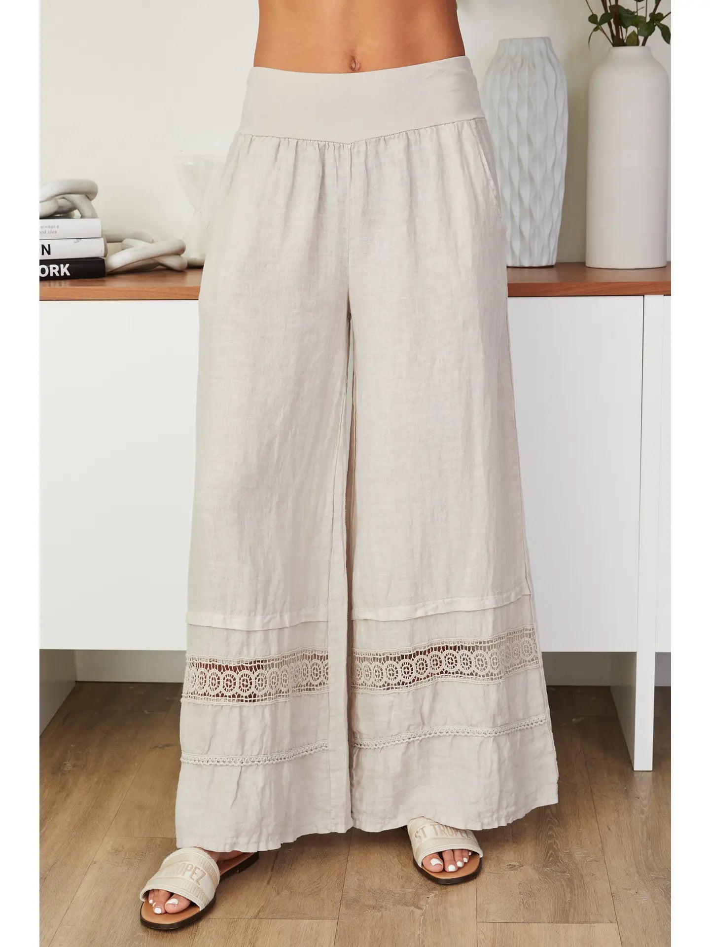 Linen Pant with Banded Waist and Crochet Lace Trim at Hem
