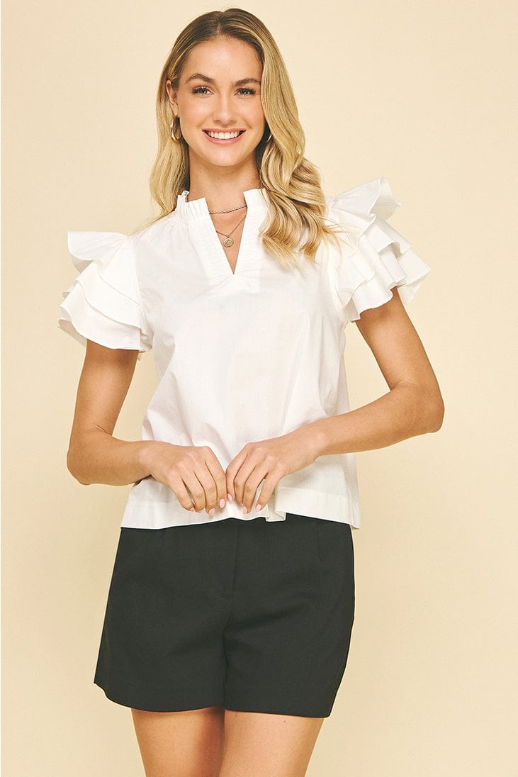 Pinch Ruffle Sleeve V-Neck Short Sleeve Blouse in Off White - Little Miss Muffin Children & Home