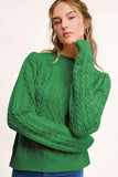 La Miel Cable Knit Crew Neck Sweater in Pine Tree