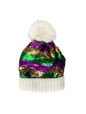 Mardi Gras Creations Sequin Beanie with Pom Pom