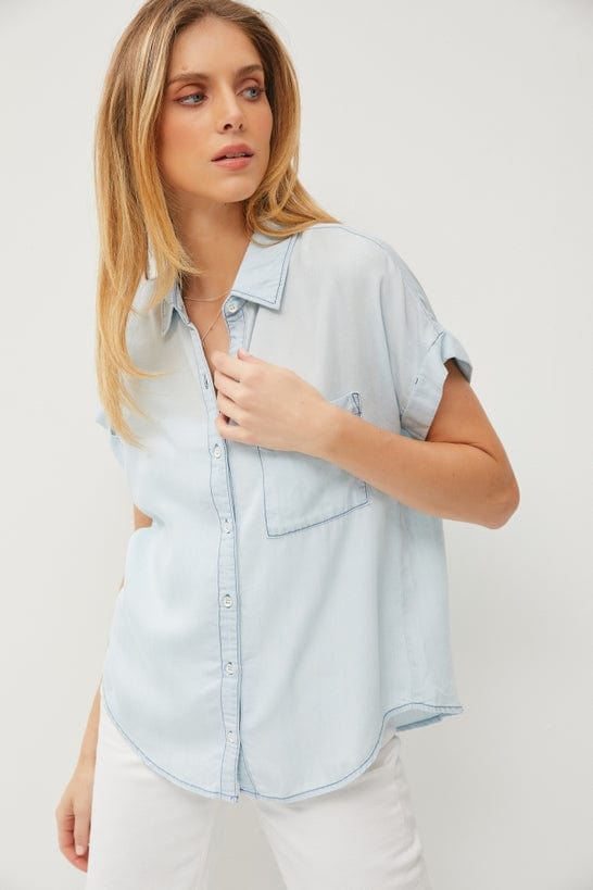Be Cool Be Cool Chambray Rolled Short Sleeve Button Up Top - Little Miss Muffin Children & Home