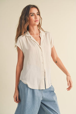 Miou Muse Button Down Cap Sleeve Shirt in Cream