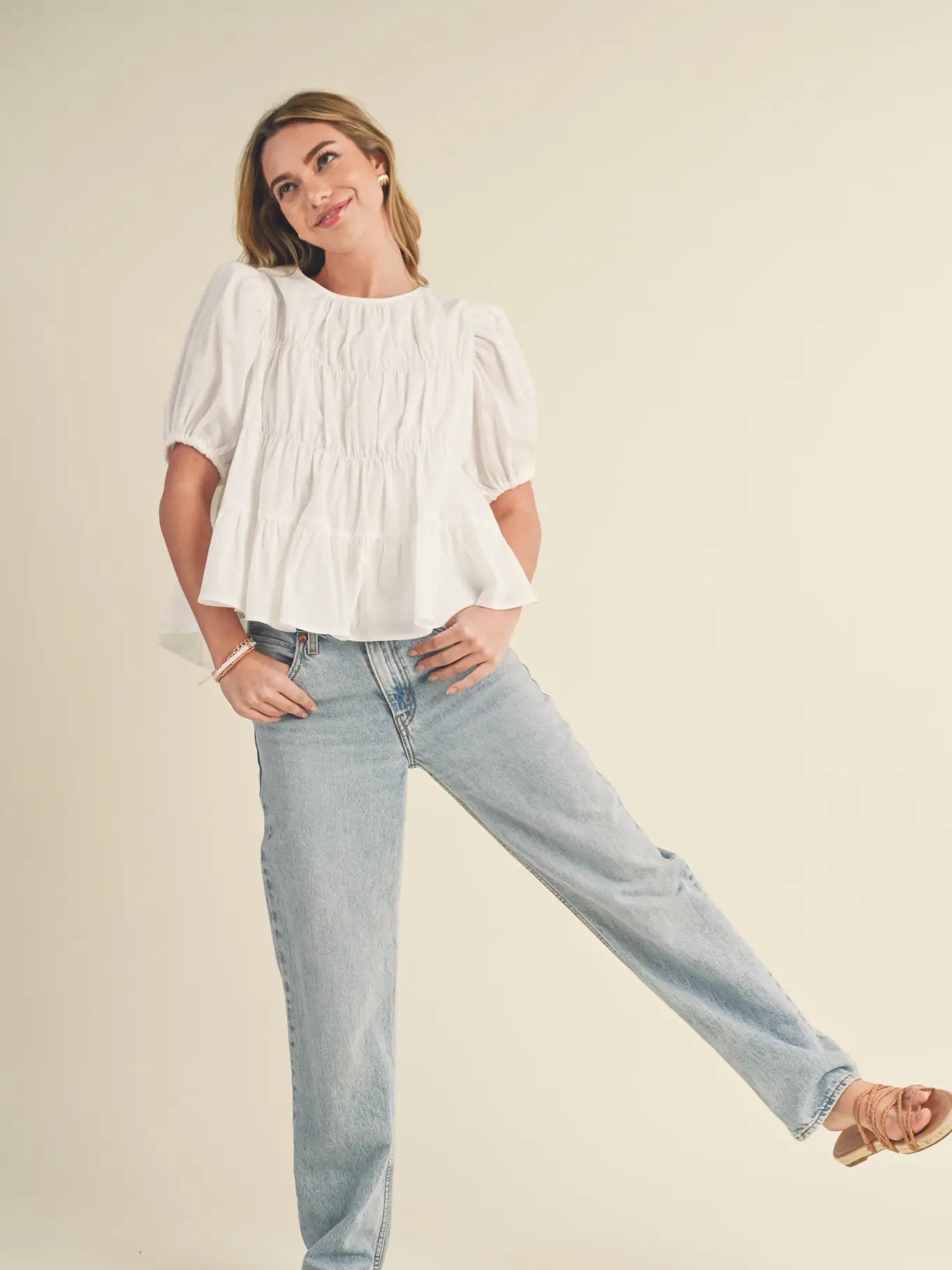 Tiered Puff Sleeve Top in Off White