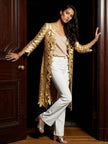Faux Leather Leaves 3/4 Sleeves Long Jacket in Gold
