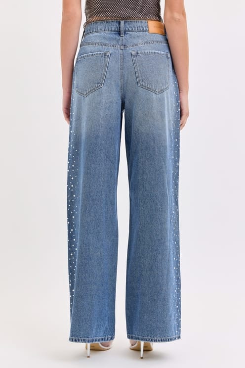 High Rise Wide Leg Jeans with Rhinestone Trim