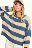 La Miel Loose Fit Striped Round Neck Long Sleeve Sweater in Denim