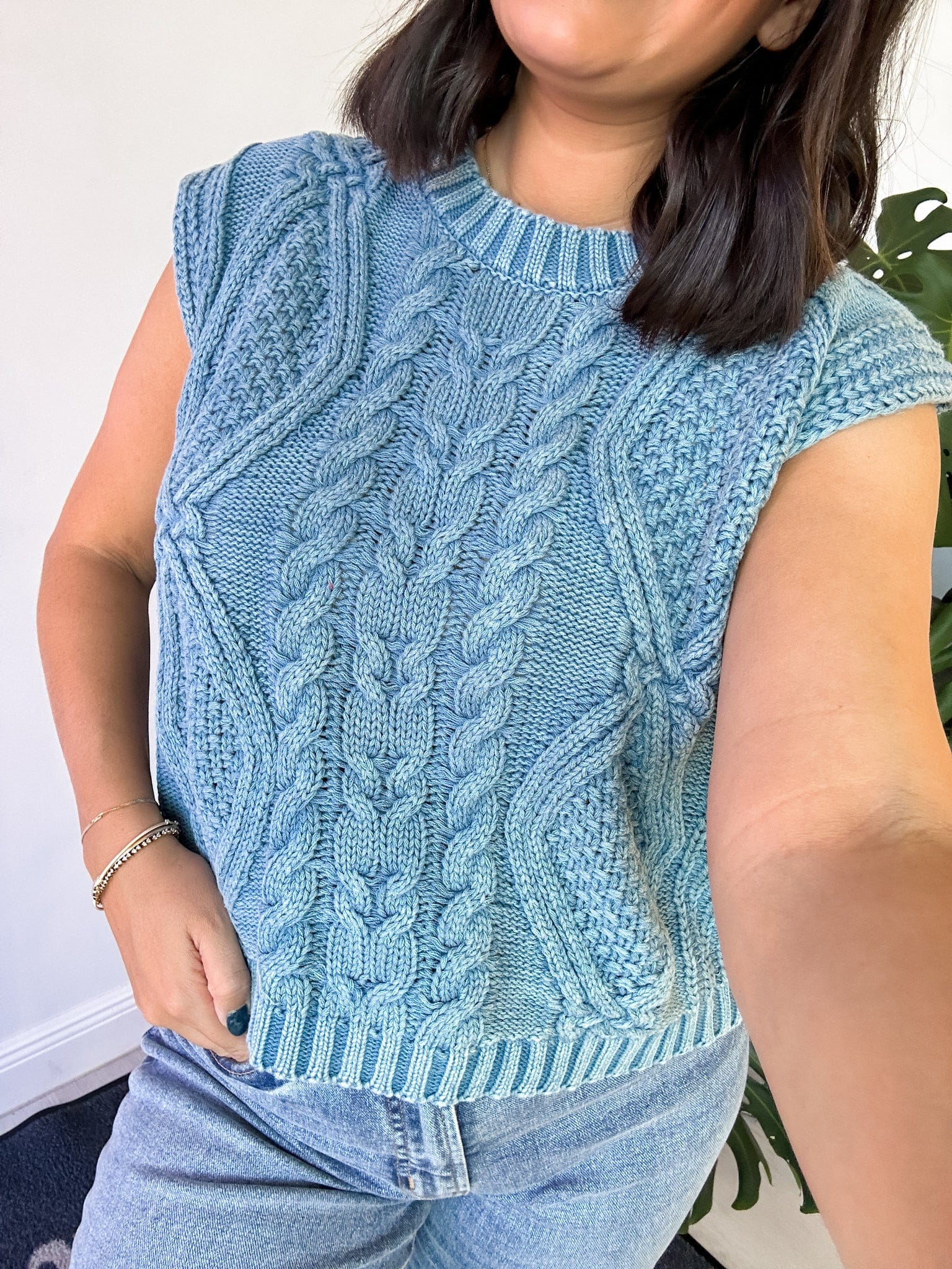 denim wash short sleeve sweater