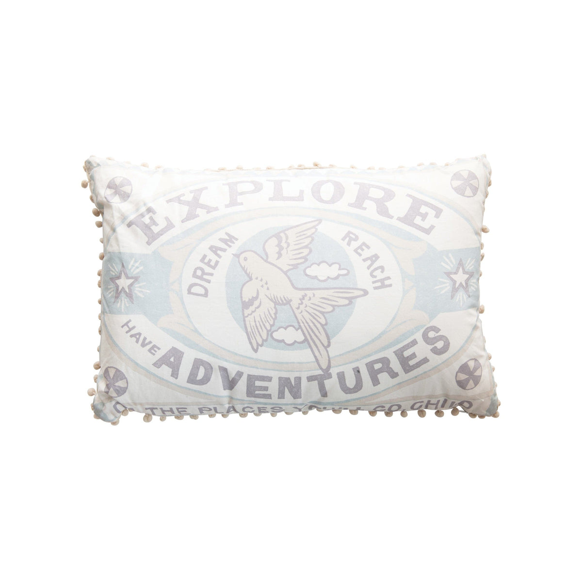 "Explore" & "Have Adventures" Print with Bird, Blue Lumbar Cotton Pillow with Pom Poms