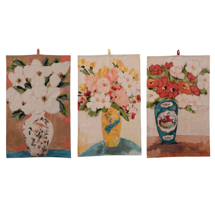 Creative Co-Op Creative Co-op Cotton Chambray Printed Tea Towel with Flowers in Vase, Available in 3 Styles - Little Miss Muffin Children & Home