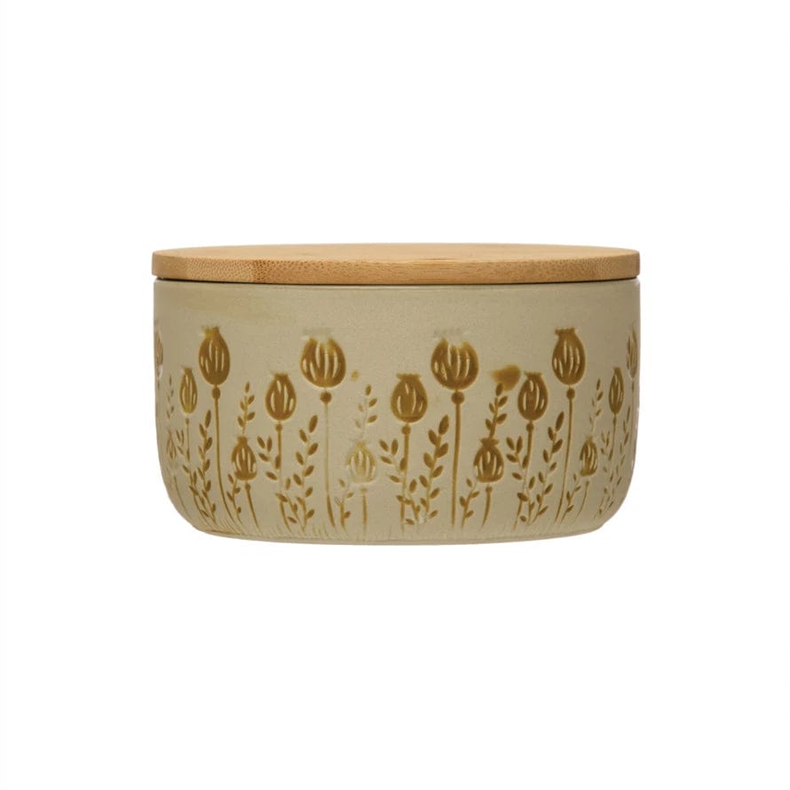 Creative Co-op Debossed Floral Pattern Stoneware Canister with Bamboo Lid