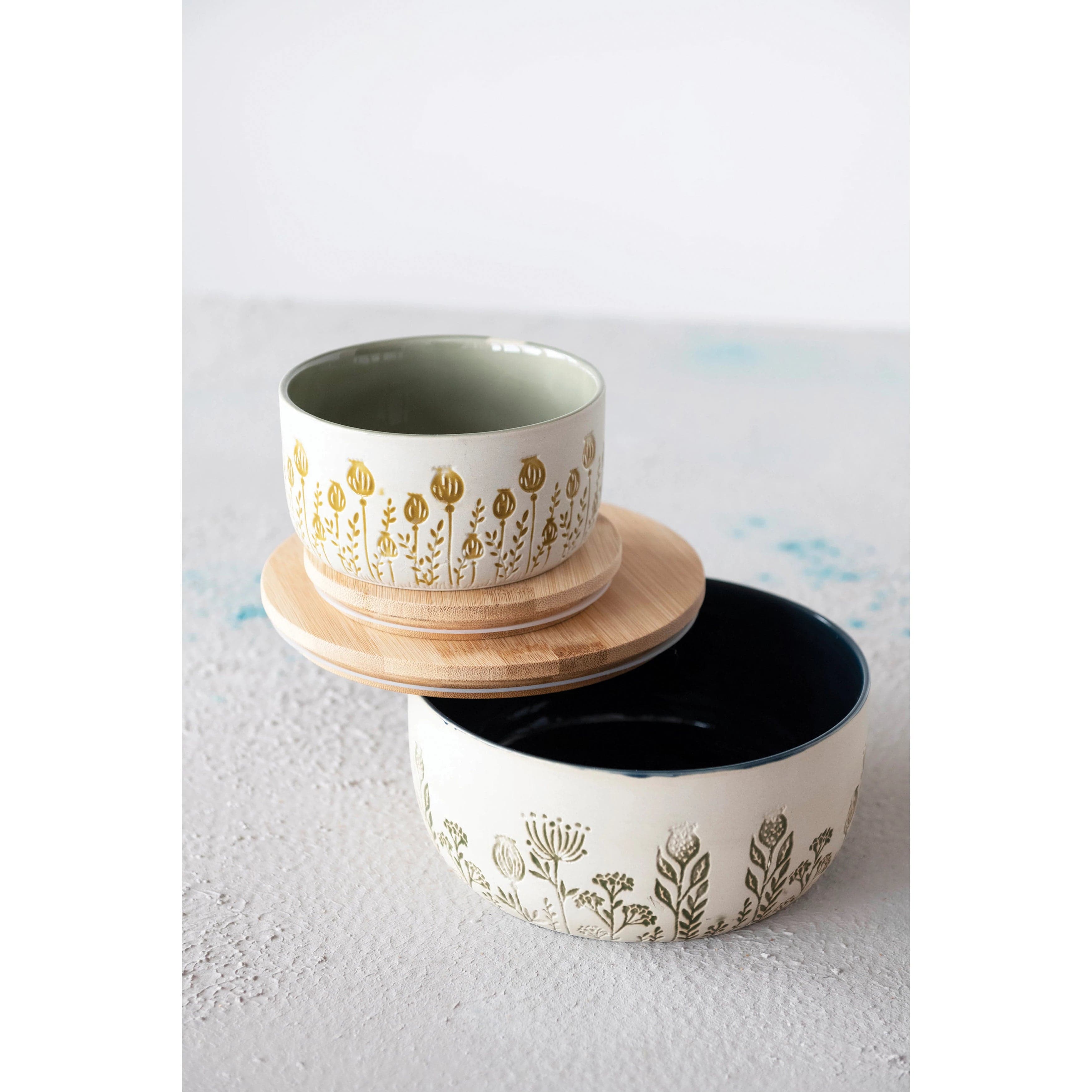 Creative Co-Op Creative Co-op Debossed Floral Pattern Stoneware Canister with Bamboo Lid - Little Miss Muffin Children & Home