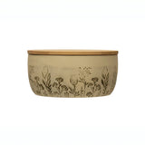 Creative Co-op Debossed Floral Pattern Stoneware Canister with Bamboo Lid