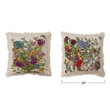 Creative Co-Op Creative Co-op Cotton Printed Pillow with Floral Embroidery & Fringe - Little Miss Muffin Children & Home