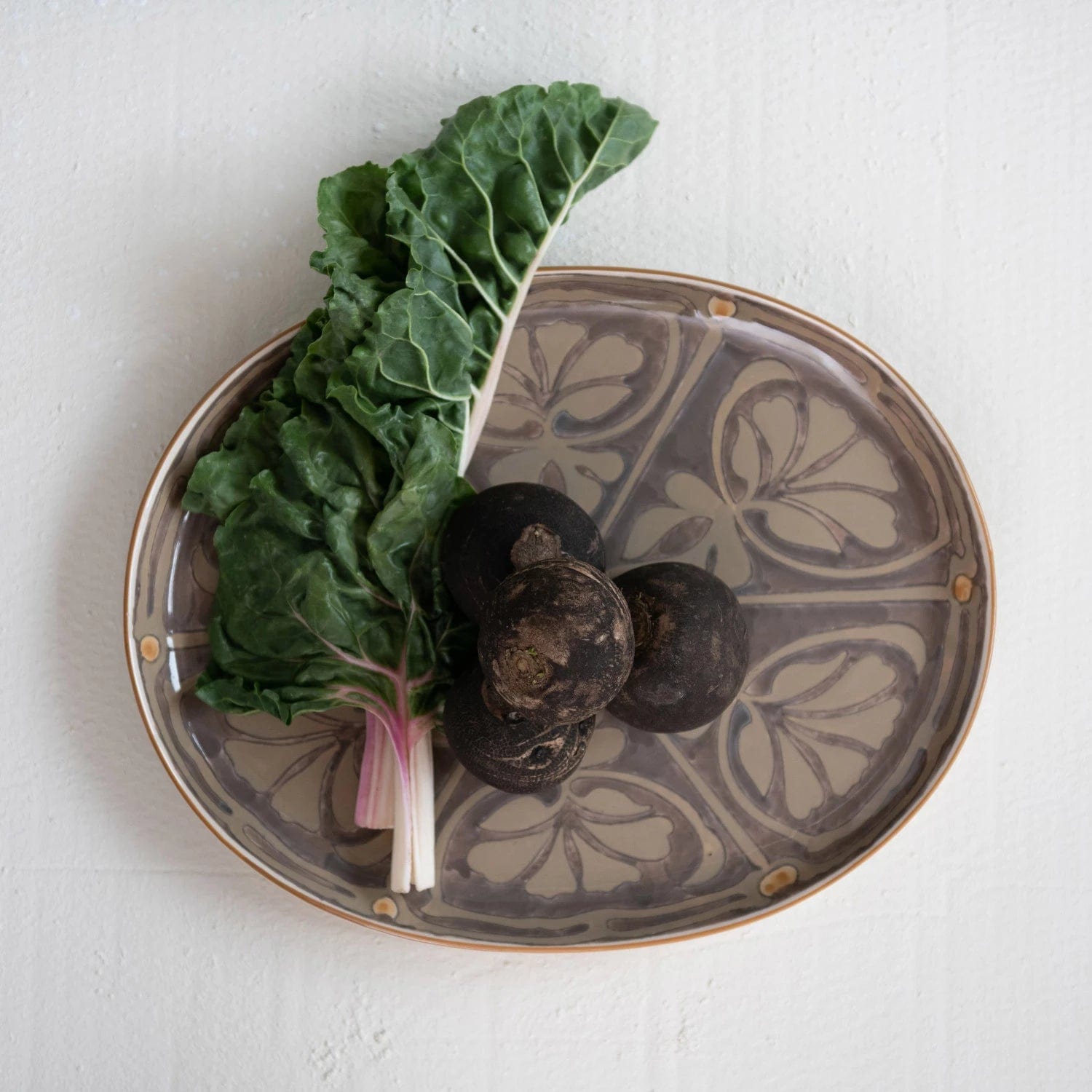 Creative Co-op Creative Co-op Oval Hand-Painted Stoneware Platter with Pattern, Brown - Little Miss Muffin Children & Home