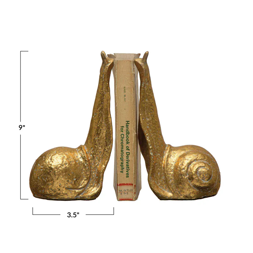 Distressed Gold Finish Cast Iron Pair of Snail Bookends
