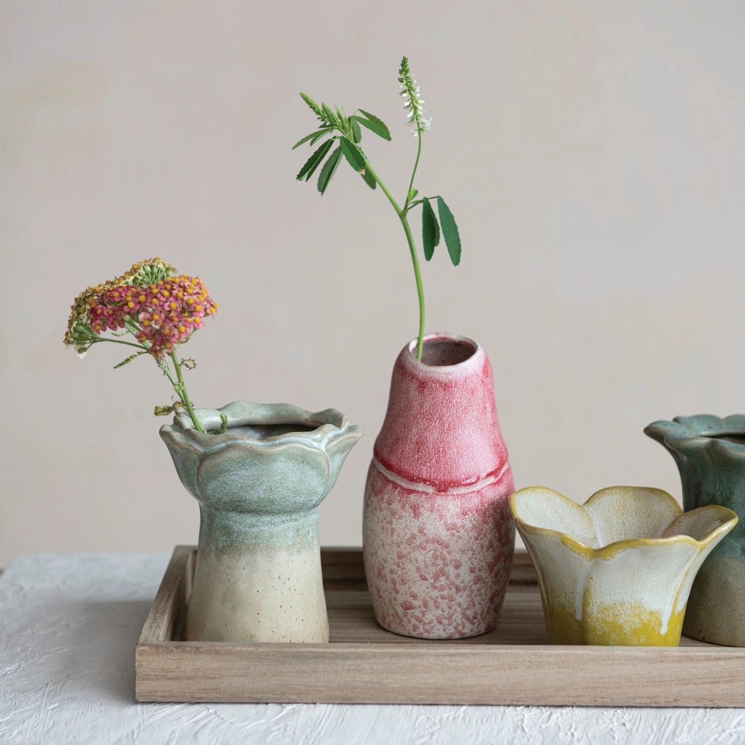 Creative Co-Op Creative Co-op Six Piece Stoneware Vases with Wood Tray Set - Little Miss Muffin Children & Home