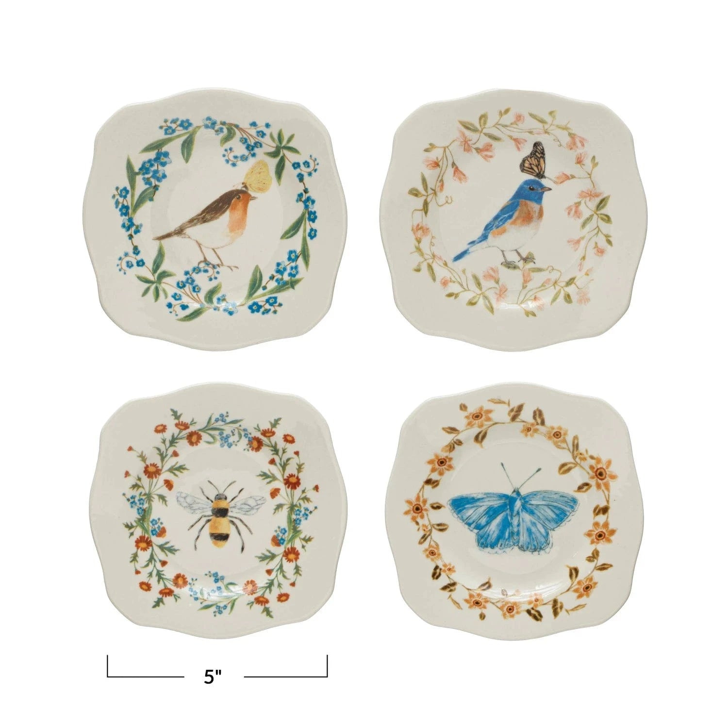 Creative Co-op Stoneware Scalloped Plate with Insect/Bird & Flowers, 4 Styles Available - Little Miss Muffin Children & Home