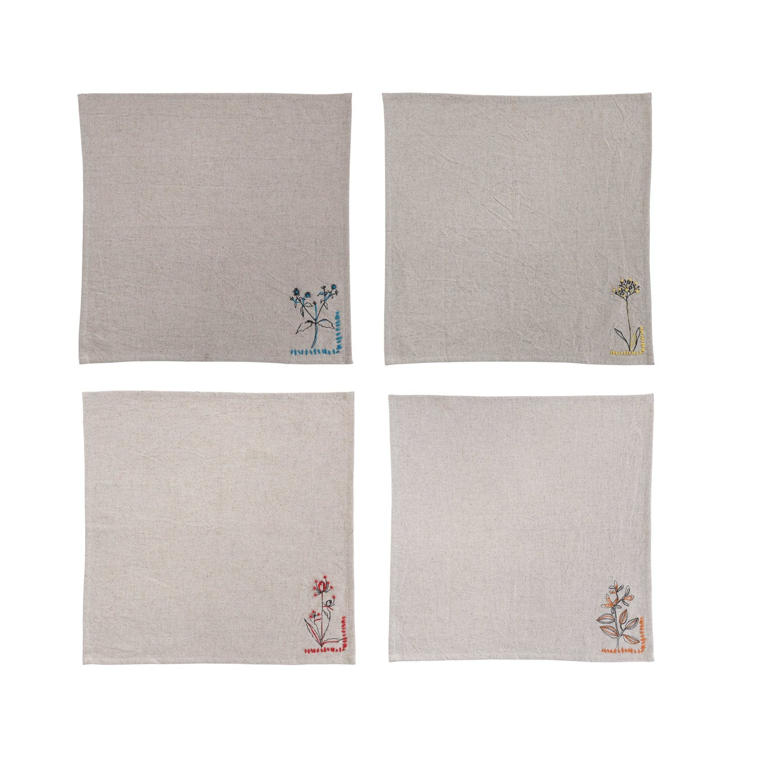 Cotton Printed Napkins with Hand-Embroidery & French Knots, 4 Styles, Set of 4