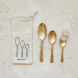 Creative Co-op Hand-Forged Iron Spoons Antique Gold Finish Set 3 in Printed Drawstring Bag