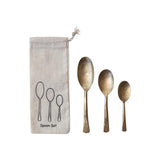 Creative Co-op Hand-Forged Iron Spoons Antique Gold Finish Set 3 in Printed Drawstring Bag