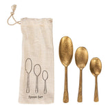 Creative Co-op Hand-Forged Iron Spoons Antique Gold Finish Set 3 in Printed Drawstring Bag