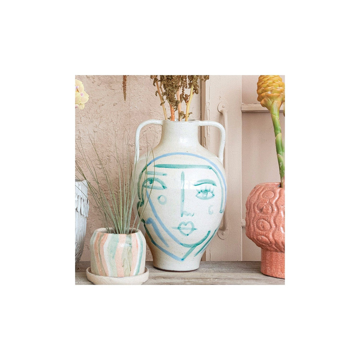Hand-Painted Terracotta Urn with Abstract Face (Each One Will Vary)