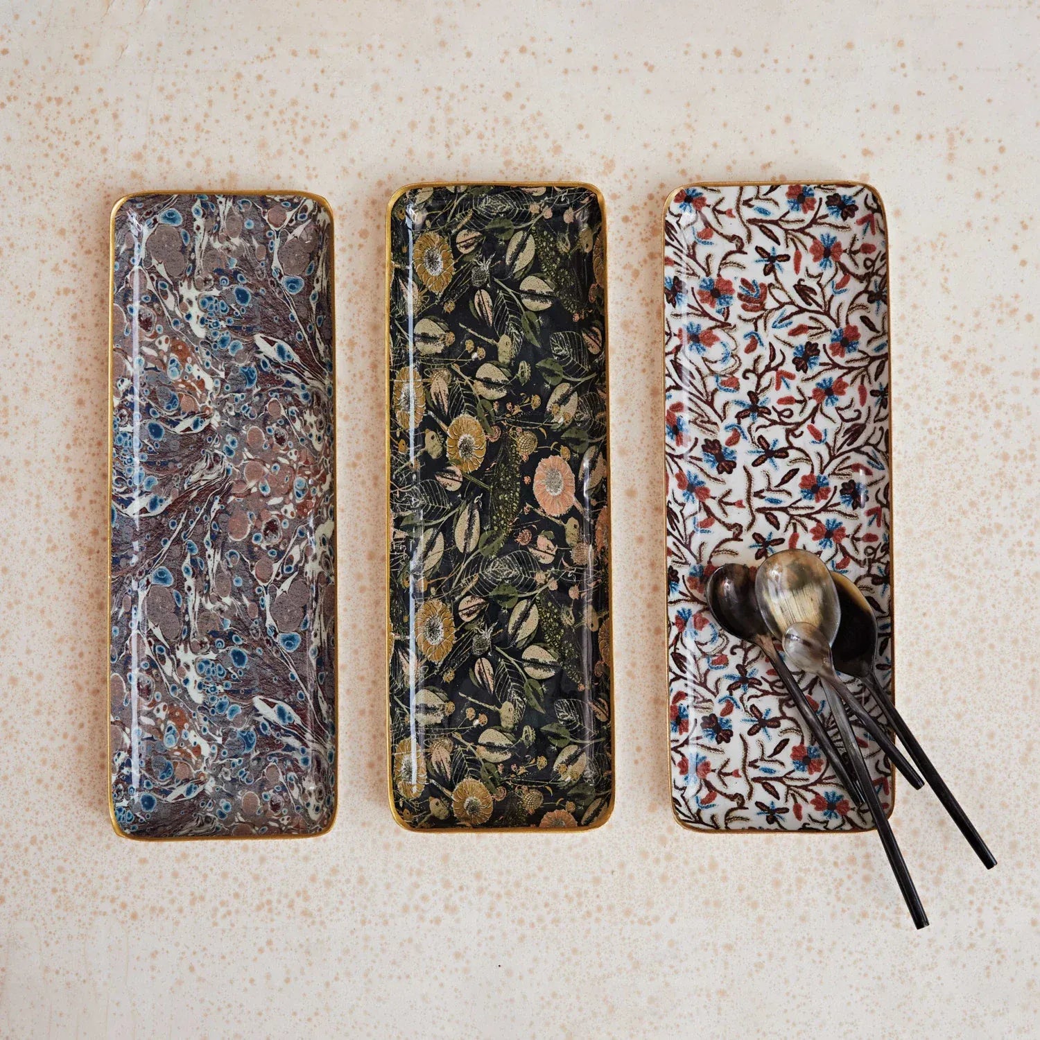 Creative Co-op Enameled Metal Tray with Pattern & Gold Rim, 3 Available Styles - Little Miss Muffin Children & Home