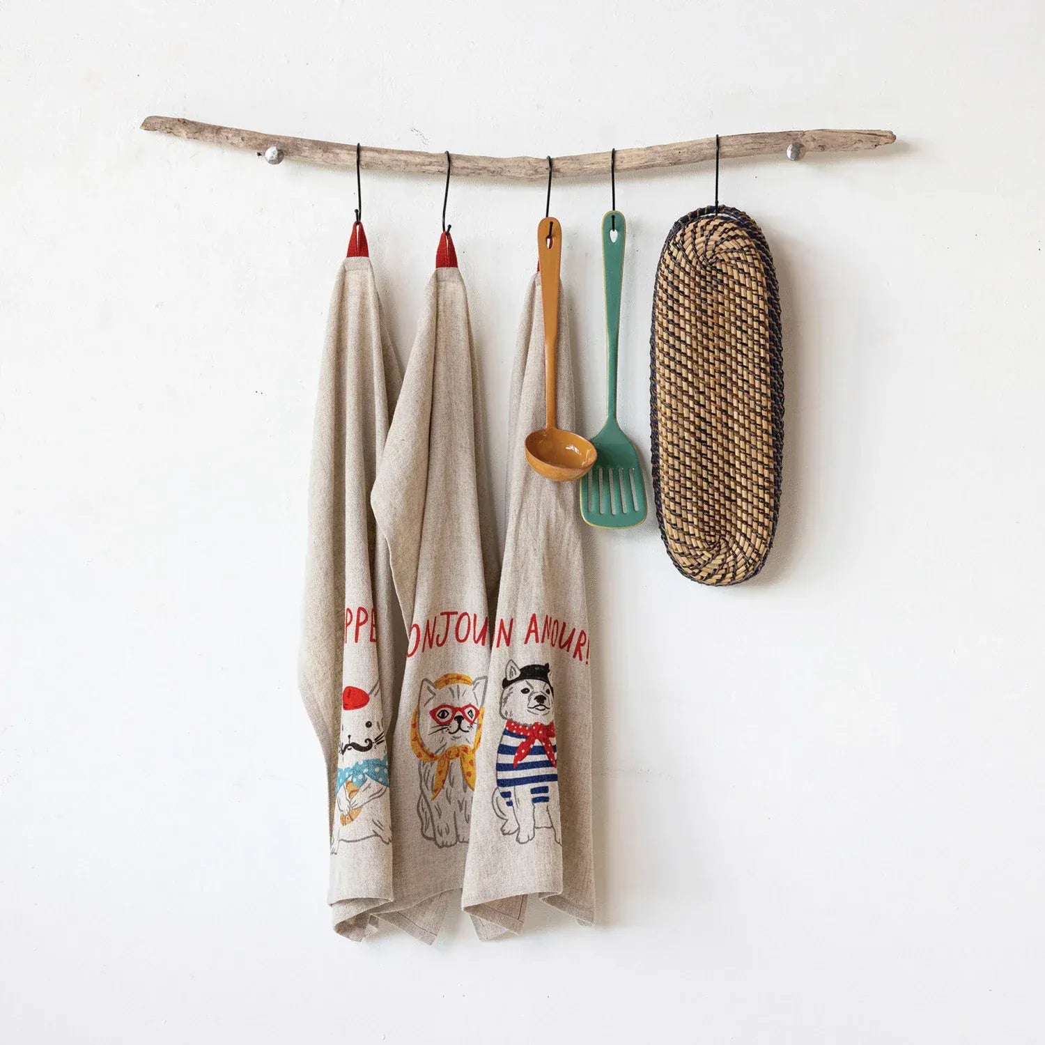 Creative Co-op Woven Linen Blend Printed Tea Towel with French Saying, Animal & Loop, 3 Available Styles - Little Miss Muffin Children & Home