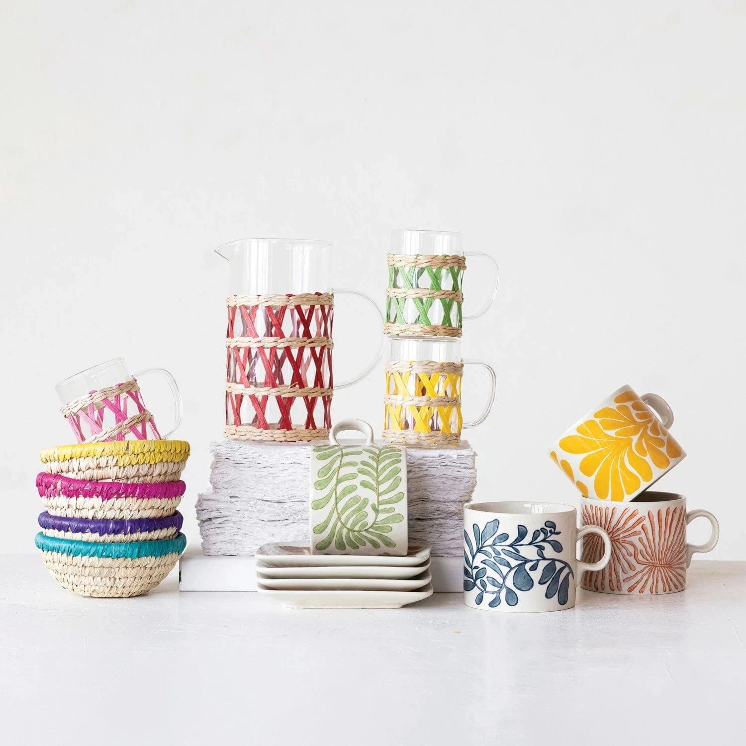 Creative Co-op 14 oz. Hand-Painted Stoneware Mug with Abstract Botanical Design, 4 Styles - Little Miss Muffin Children & Home