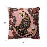 Creative Co-op 20" Square Cotton Slub Pillow with Embroidered Tiger & Flowers