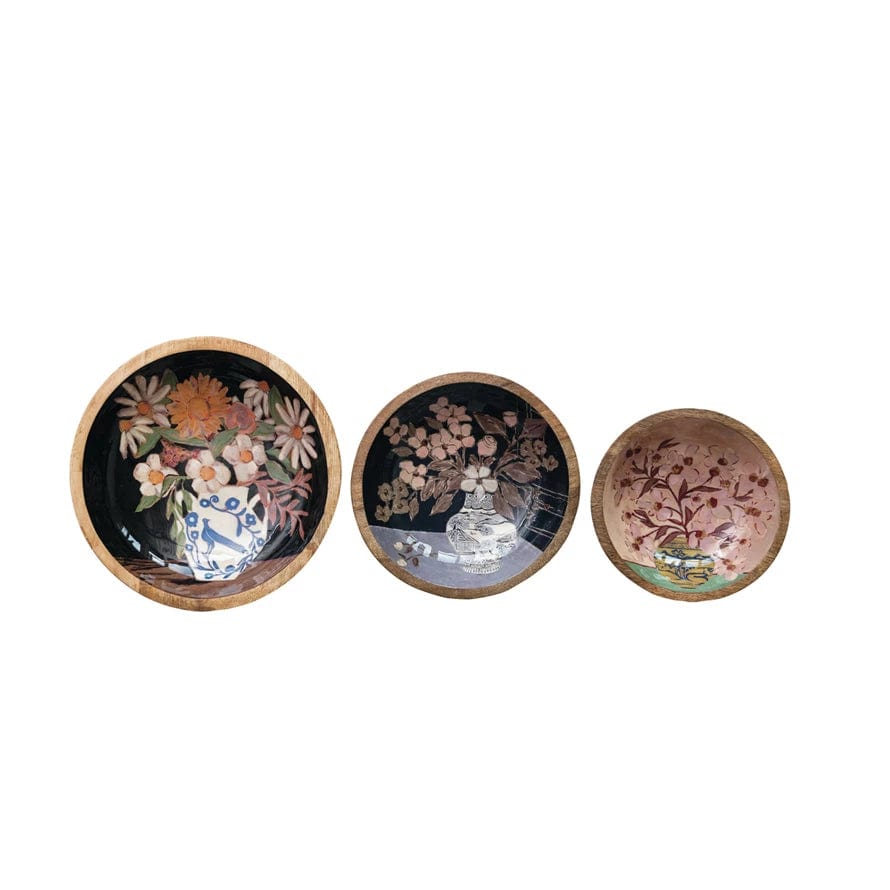 Creative Co-op Creative Co-op Enameled Mango Wood Bowls with Flowers in Vase, Available in 3 Sizes - Little Miss Muffin Children & Home