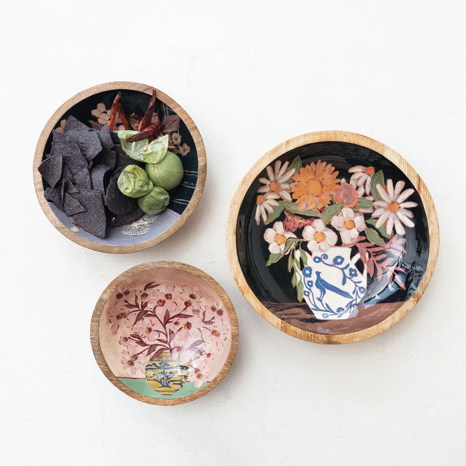 Creative Co-op Creative Co-op Enameled Mango Wood Bowls with Flowers in Vase, Available in 3 Sizes - Little Miss Muffin Children & Home
