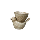 Creative Co-op Cream Color Stoneware Bird with Bowl (Each One Will Vary)