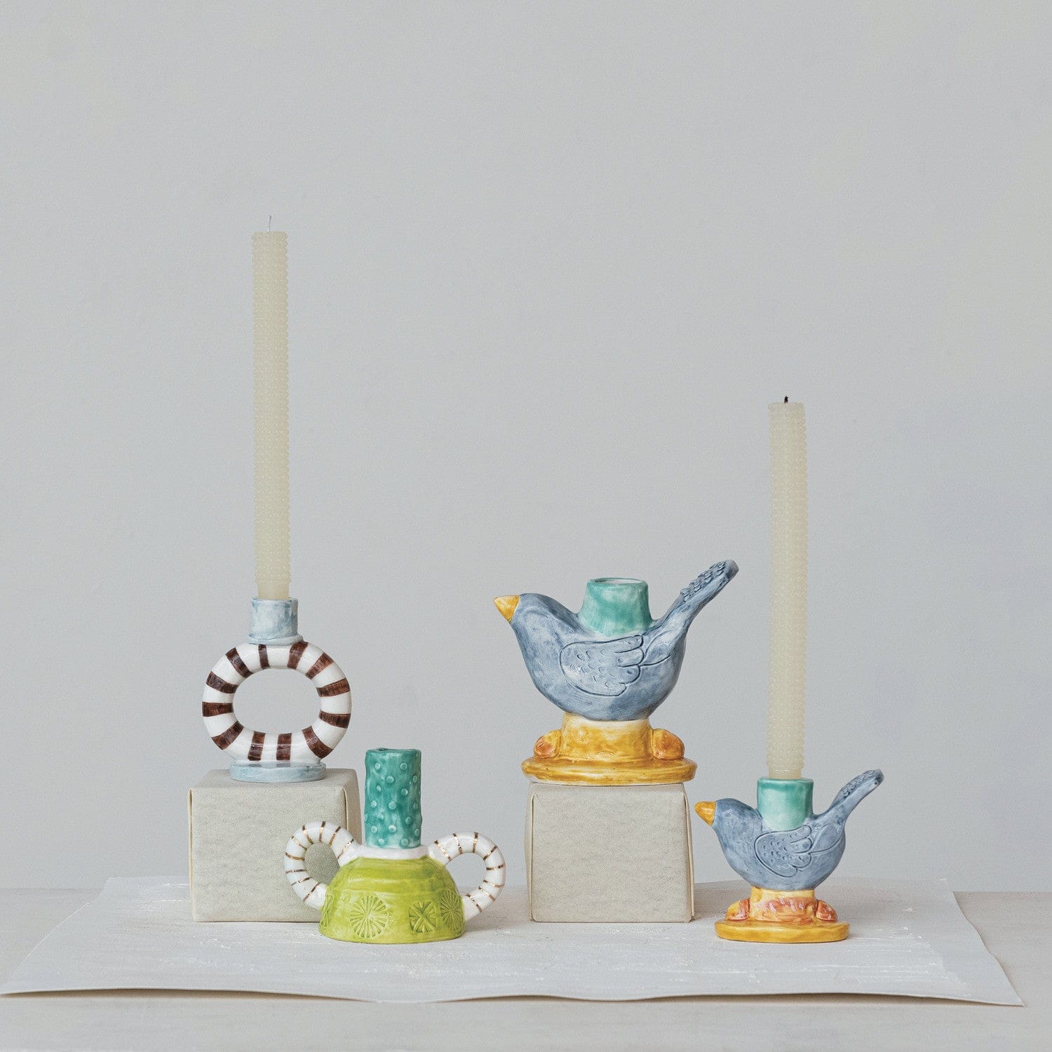 Hand-Painted Stoneware Ring Taper Holder with Stripes (Each One Will Vary)