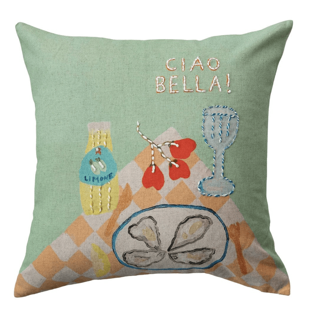18" Square Cotton & Linen Embroidered "Ciao Bella!" with Tablescape