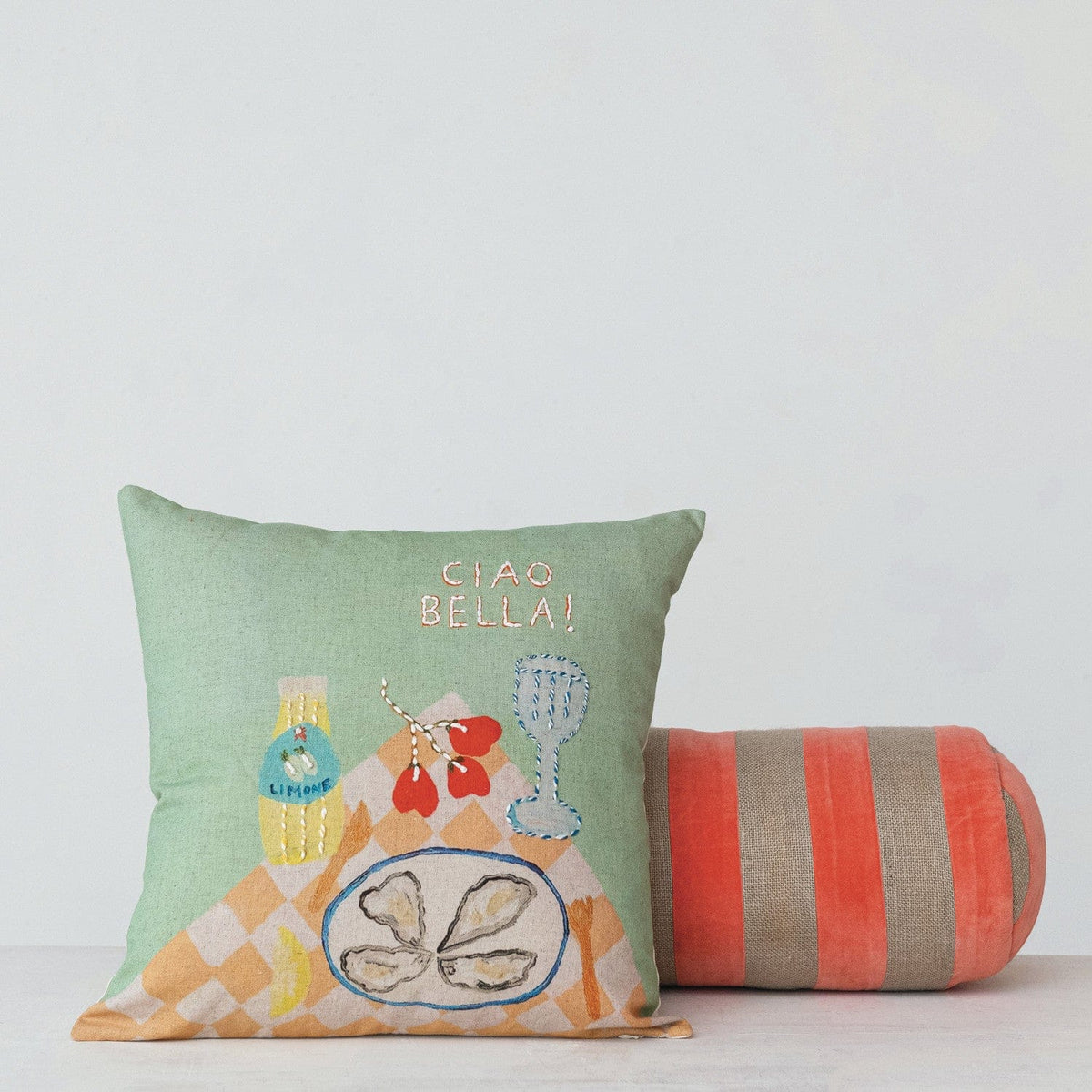 18" Square Cotton & Linen Embroidered "Ciao Bella!" with Tablescape