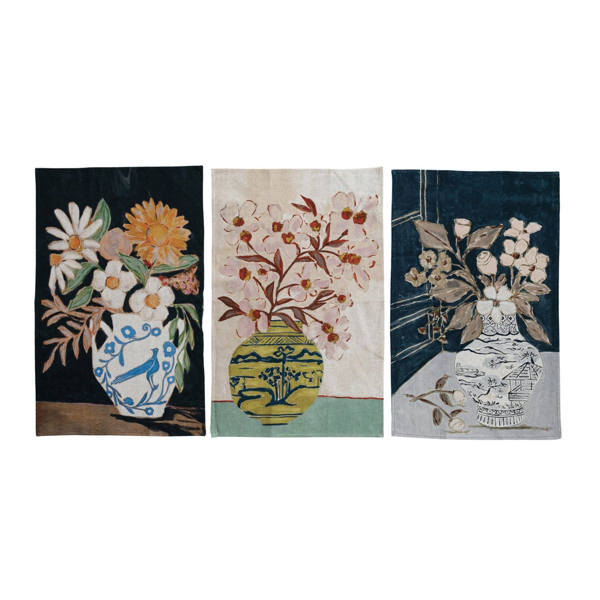 Cotton & Linen Printed Tea Towel with Flowers in Vase, 3 Available Styles ©