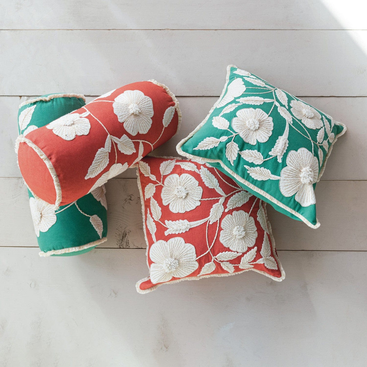 Cotton Bolster Pillow with Embroidered Flowers & Fringe, 2 Available Colors