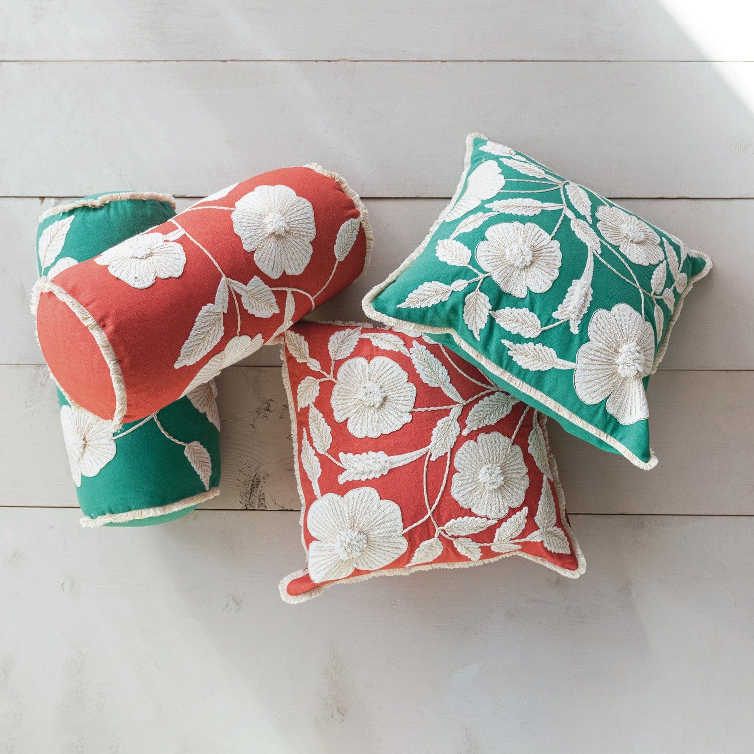 Cotton Bolster Pillow with Embroidered Flowers & Fringe, 2 Available Colors