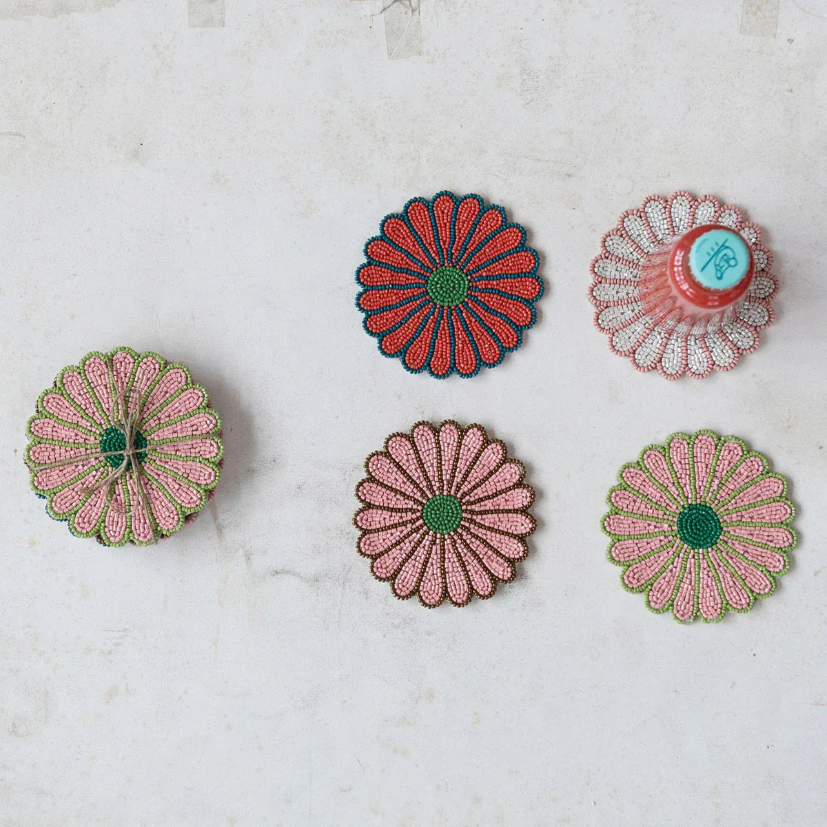Glass Beaded Flower Shaped Coasters, Set of 4 Tied with Jute