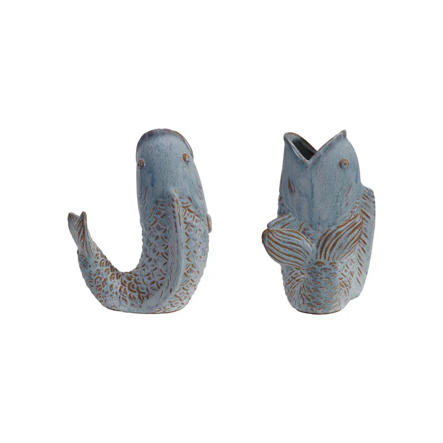 Blue Reactive Glaze Stoneware Fish Shaped Vase