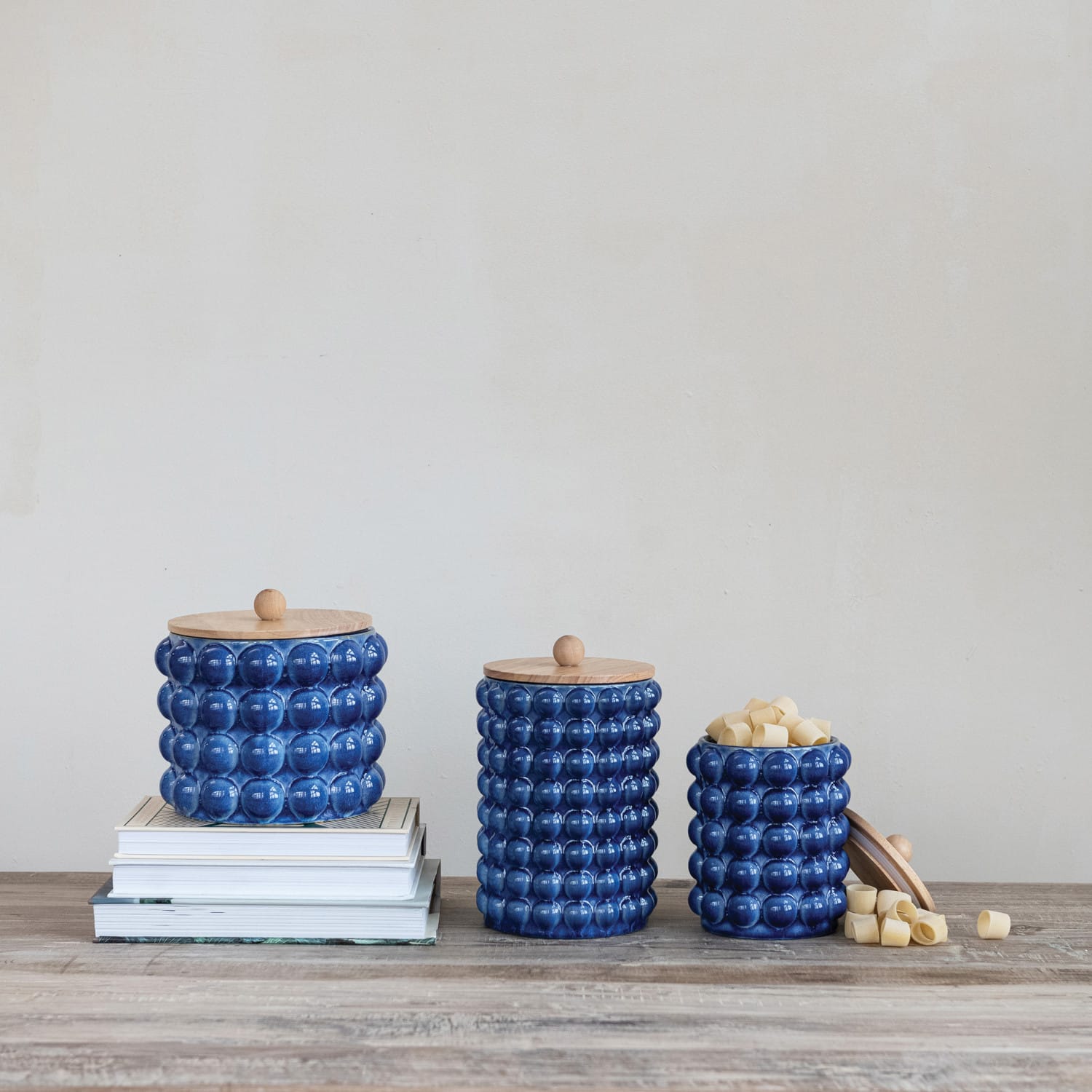 Stoneware Canister with Raised Dots & Wood Lid (Each Will Vary)