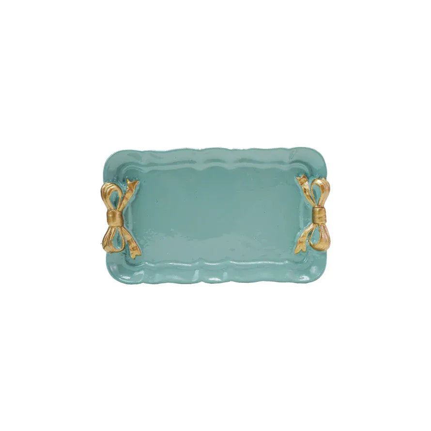 Aqua Decorative Metal Tray with Gold Finish Bows
