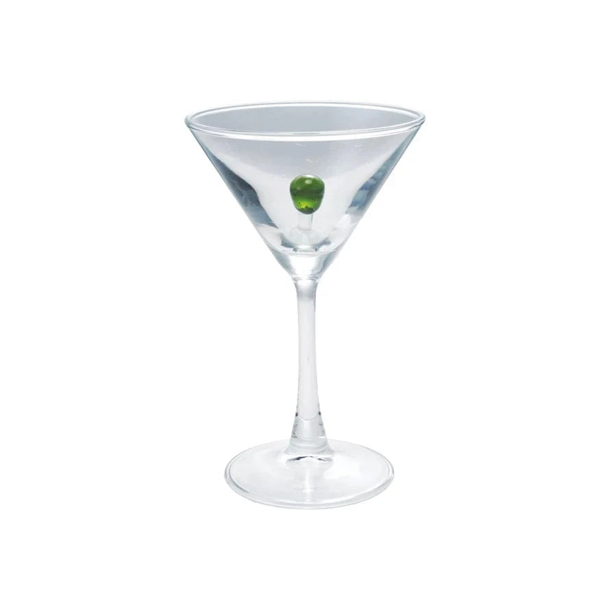 stemed martini glass with olive