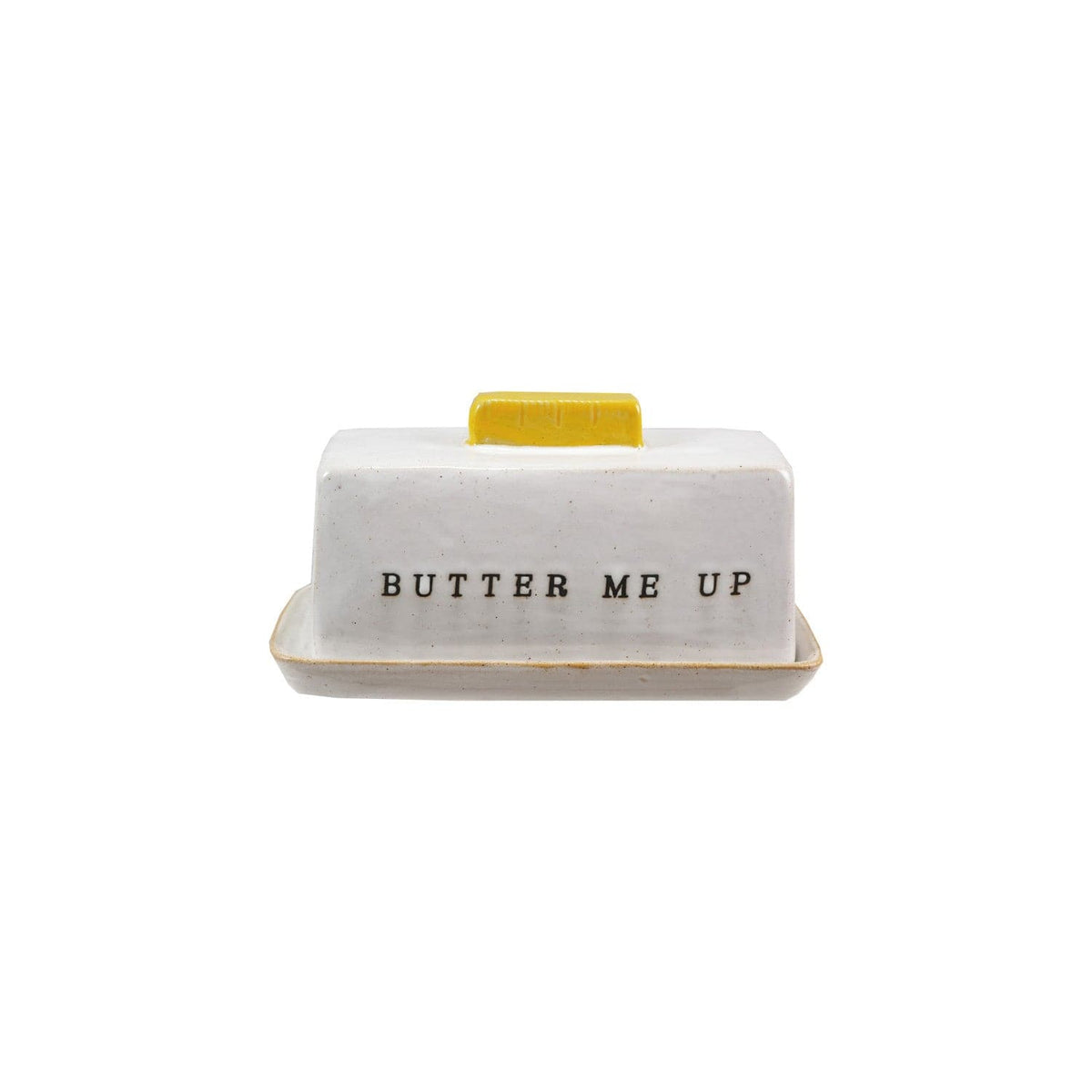 Reactive Glaze Stoneware Butter Dish w/ Debossed "Butter Me Up" (Each One Will Vary)