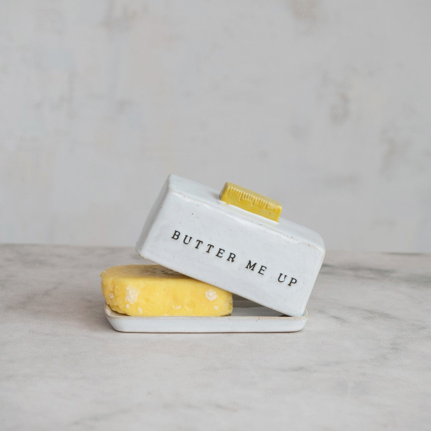 Reactive Glaze Stoneware Butter Dish w/ Debossed "Butter Me Up" (Each One Will Vary)