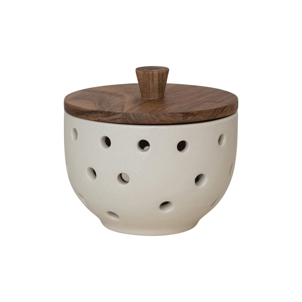 Stoneware Garlic/Onion Keeper with Mango Wood Lid