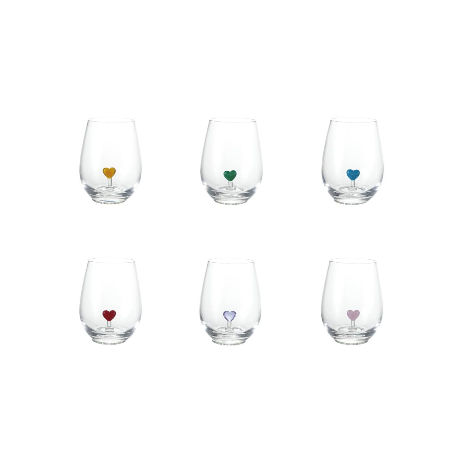 Stemless Wine Glass 18oz with Hand-Blown Heart Inside, 6 Colors Available