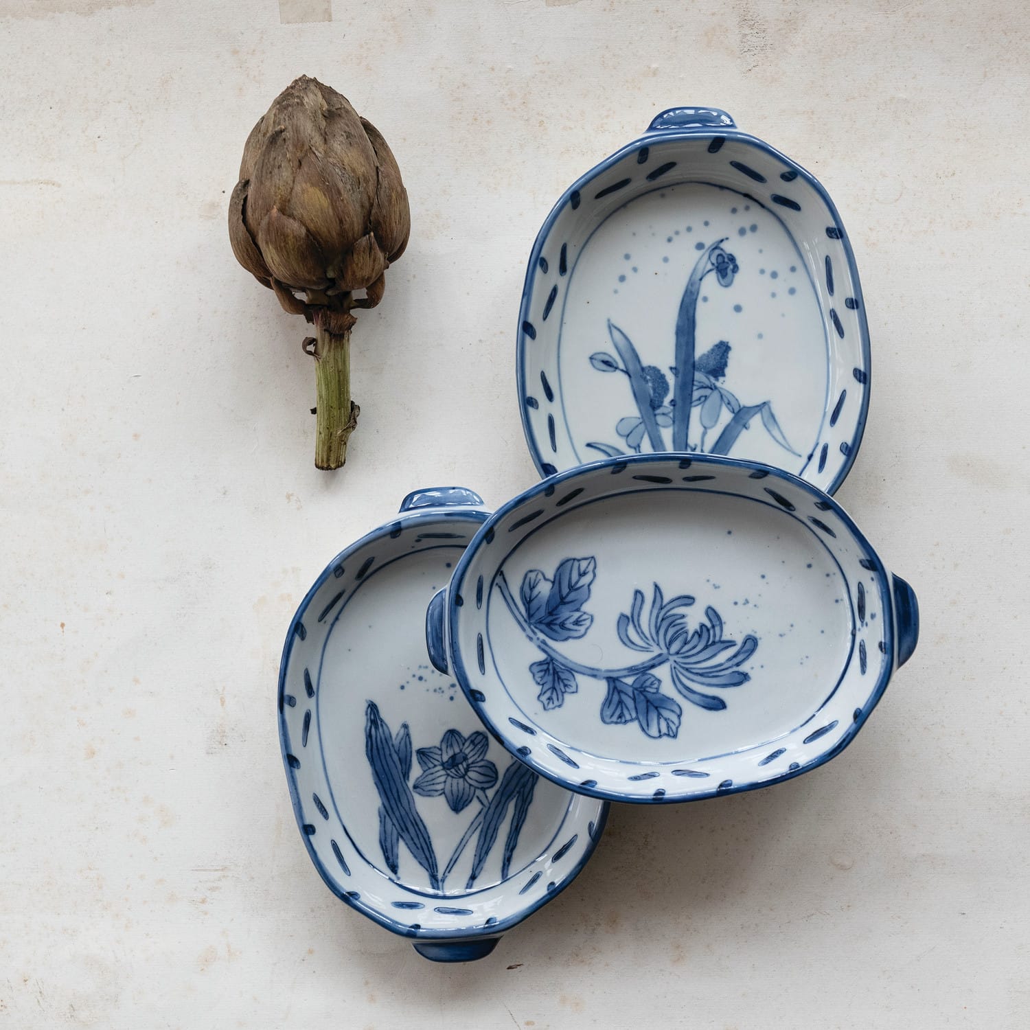Hand-Painted Stoneware Baker with Handles, 3 Available Styles (Each One Will Vary)